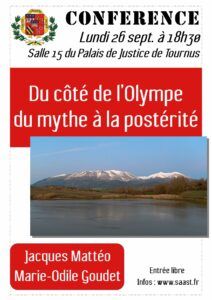 Affiche de la conférence SAAST du 26/09/22 "Du côté de l'Olympe, du mythe à la postérité"