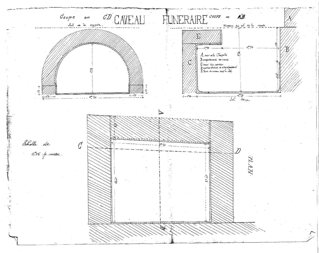 Plan et coupe du caveau funéraire découvert dans l'une des chapelles rayonnantes de l'église abbatiale Saint-Philibert de Tournus