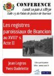 Affiche de la conférence SAAST du 10 juin 2024 "Les registres paroissiaux de Brancion au XVIIIe siècle, acte II"